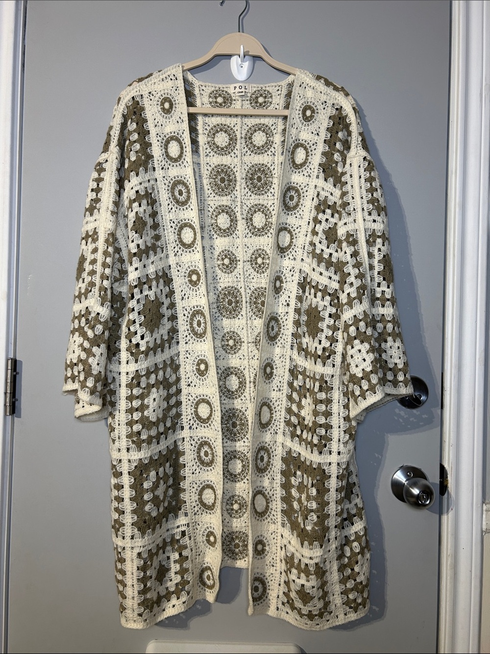 POL Granny Crochet Oversized Long Cardigan in Mocha Multi size One, granny boho
